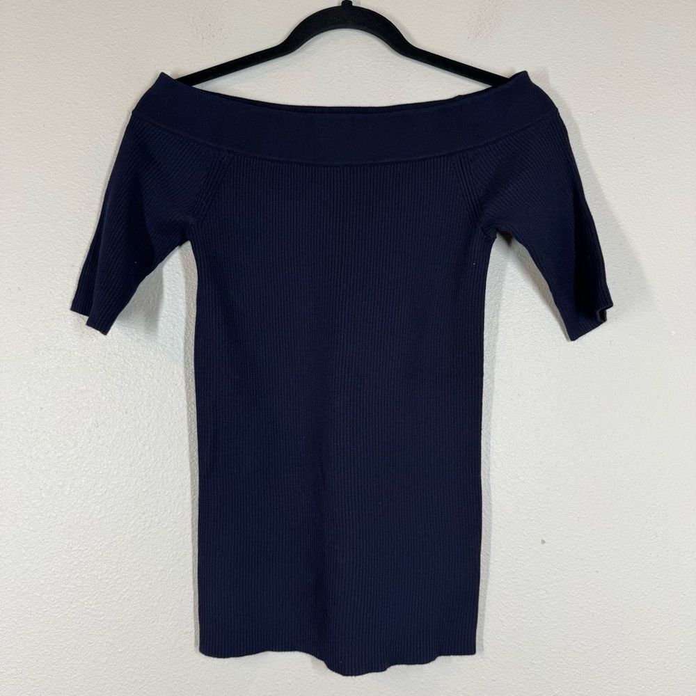Anthropologie Navy Blue Off Shoulder Knit Top 3/4 Sleeve Ribbed Women’s Small